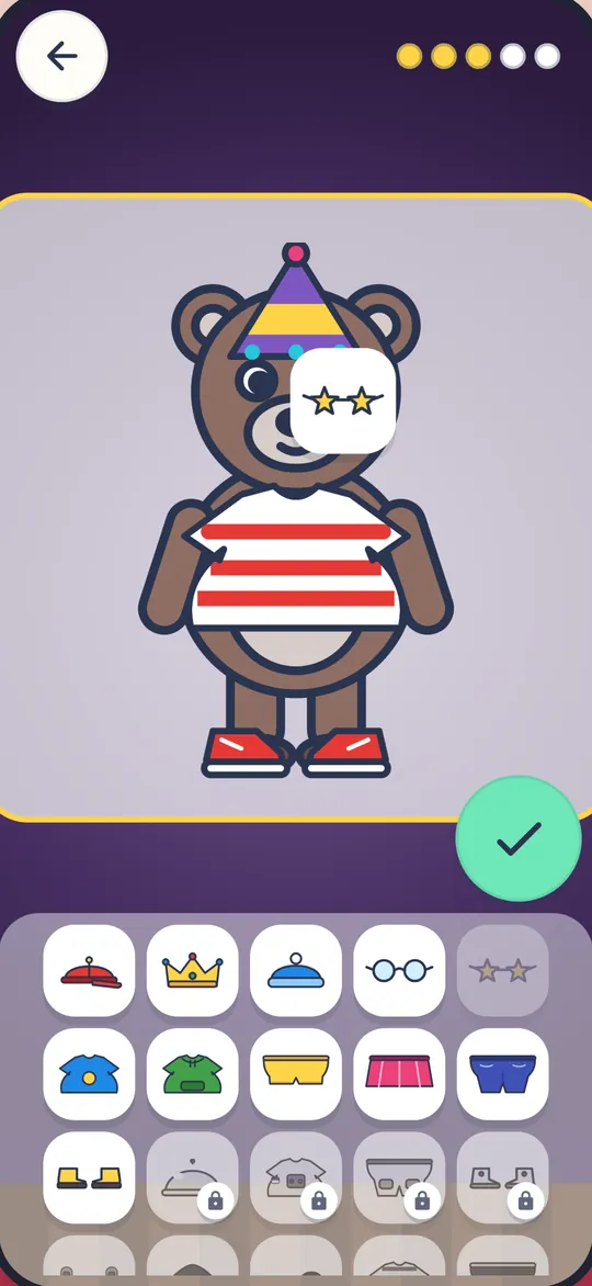 A bear dressed up in a party hat and a striped shirt